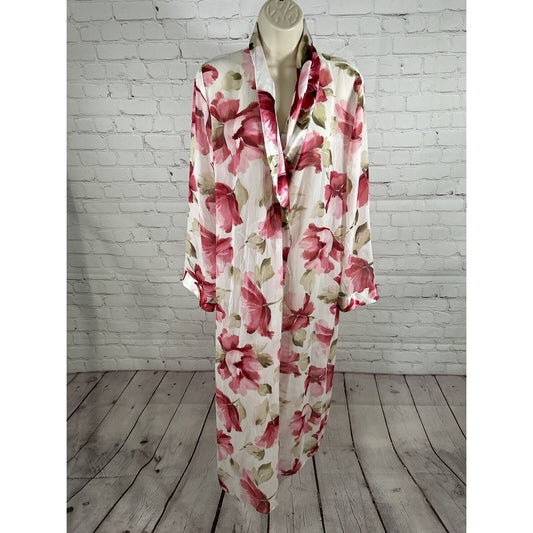 VTG California Dynasty White Floral Tie Closure Semi Sheer Lightweight Robe S