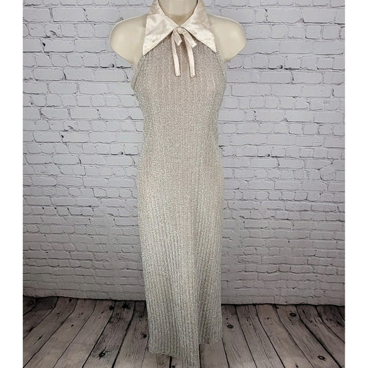 Vintage Unbranded Beige Shimmer Satin Bow High Neck Dress Gown USA Union Made XS