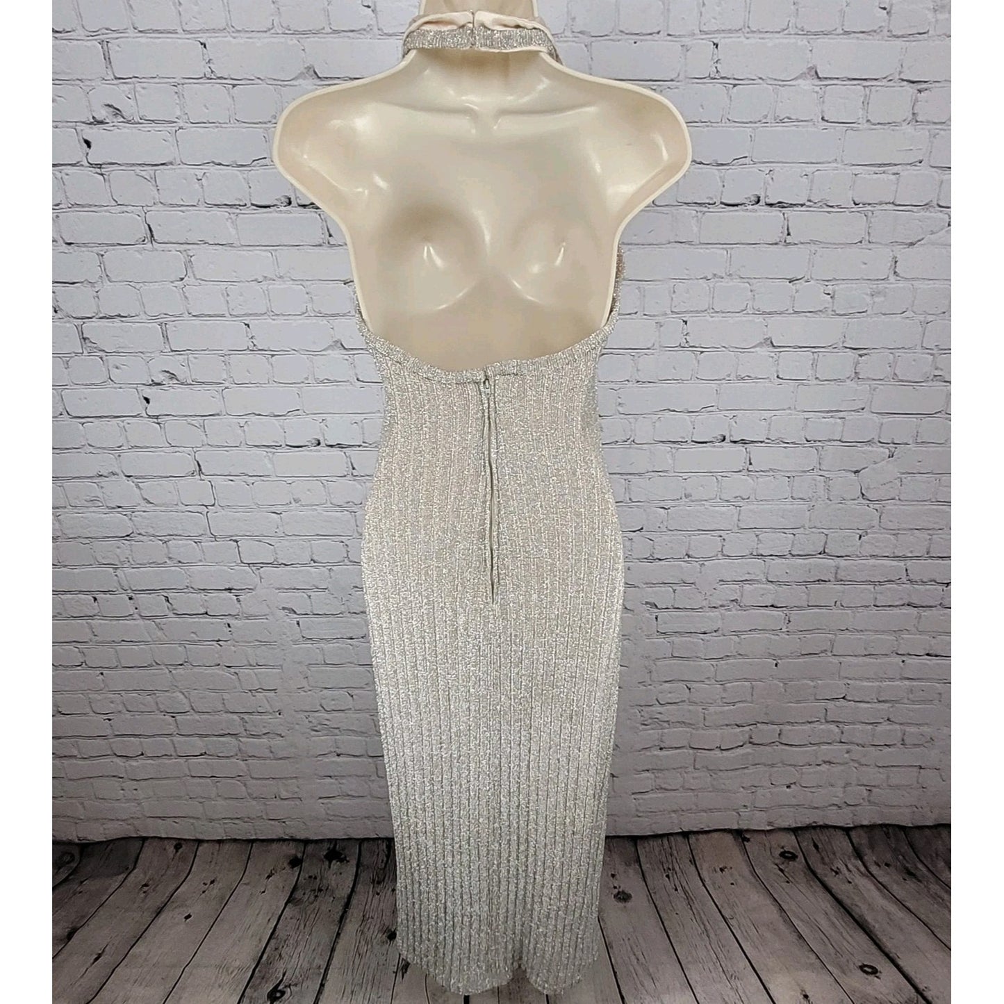 Vintage Unbranded Beige Shimmer Satin Bow High Neck Dress Gown USA Union Made XS
