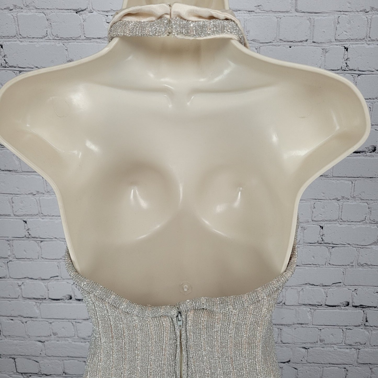 Vintage Unbranded Beige Shimmer Satin Bow High Neck Dress Gown USA Union Made XS