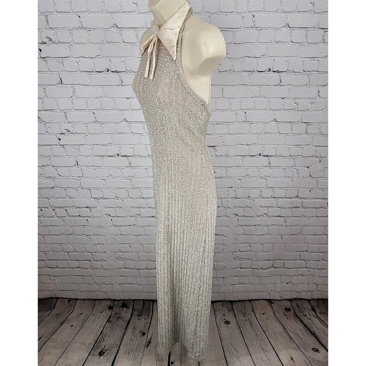 Vintage Unbranded Beige Shimmer Satin Bow High Neck Dress Gown USA Union Made XS