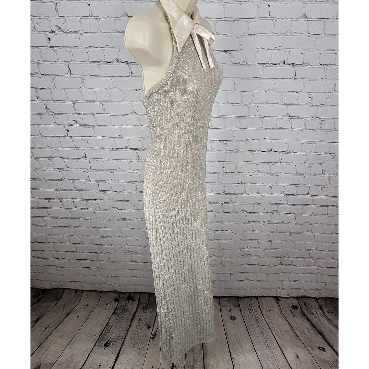 Vintage Unbranded Beige Shimmer Satin Bow High Neck Dress Gown USA Union Made XS