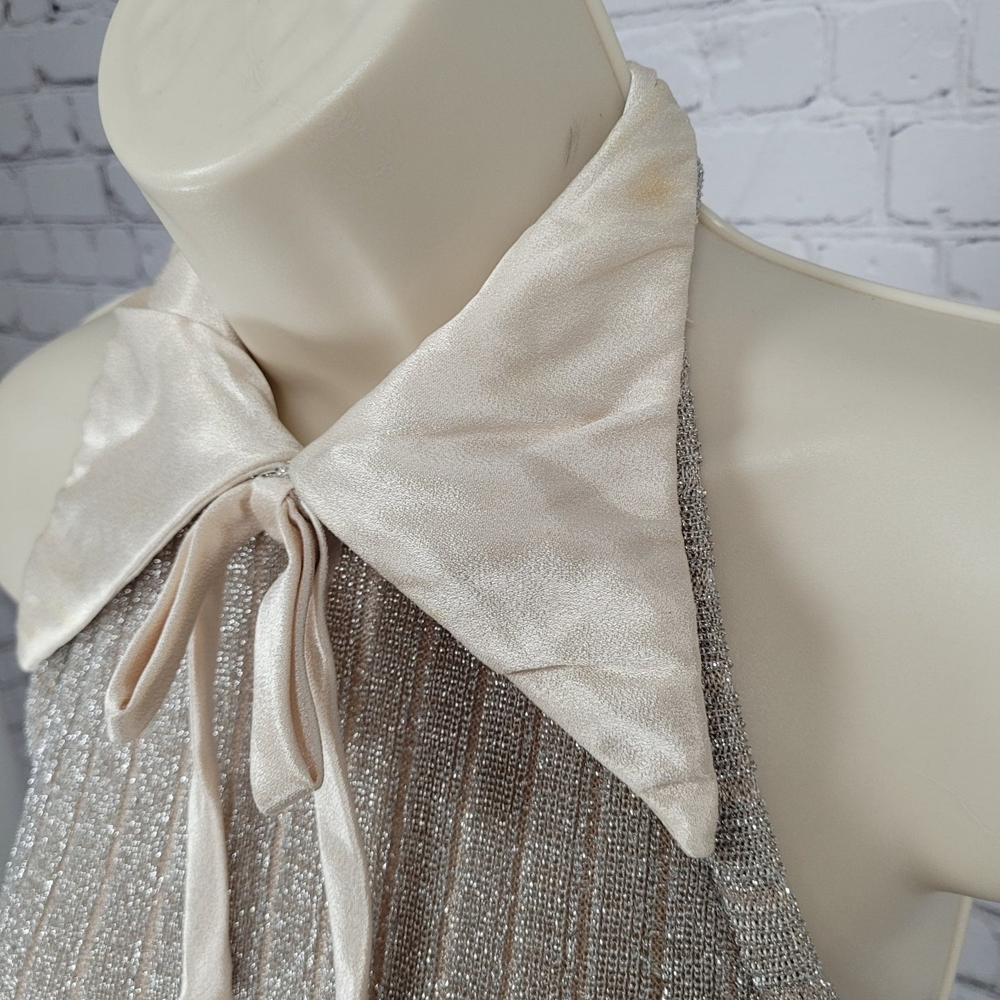 Vintage Unbranded Beige Shimmer Satin Bow High Neck Dress Gown USA Union Made XS