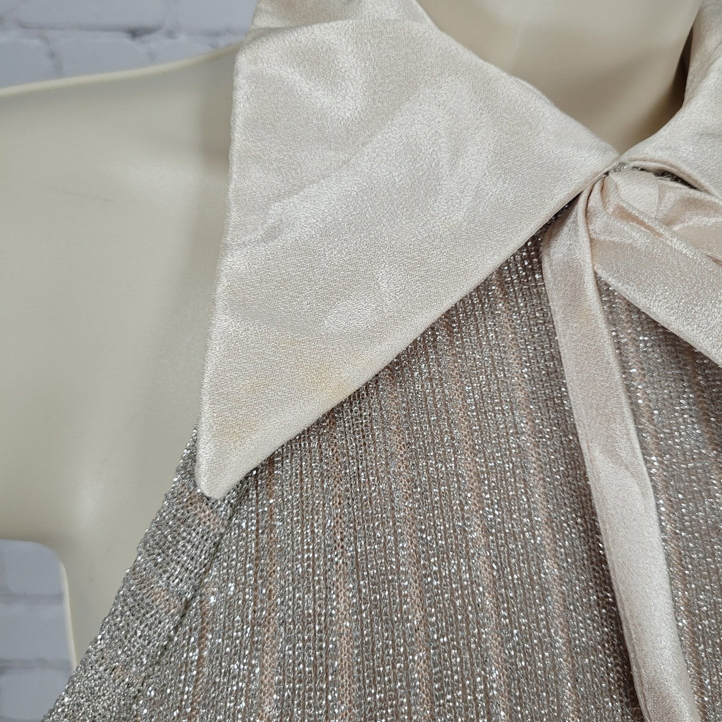 Vintage Unbranded Beige Shimmer Satin Bow High Neck Dress Gown USA Union Made XS