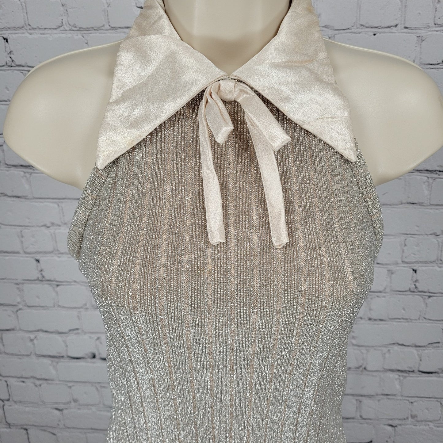 Vintage Unbranded Beige Shimmer Satin Bow High Neck Dress Gown USA Union Made XS