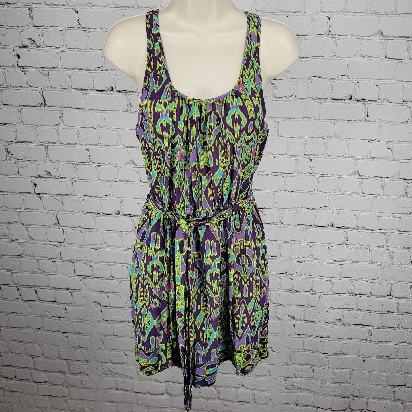 Charlie Jade Purple Green 100% Silk Aztec Belted Lightweight Dress Small S