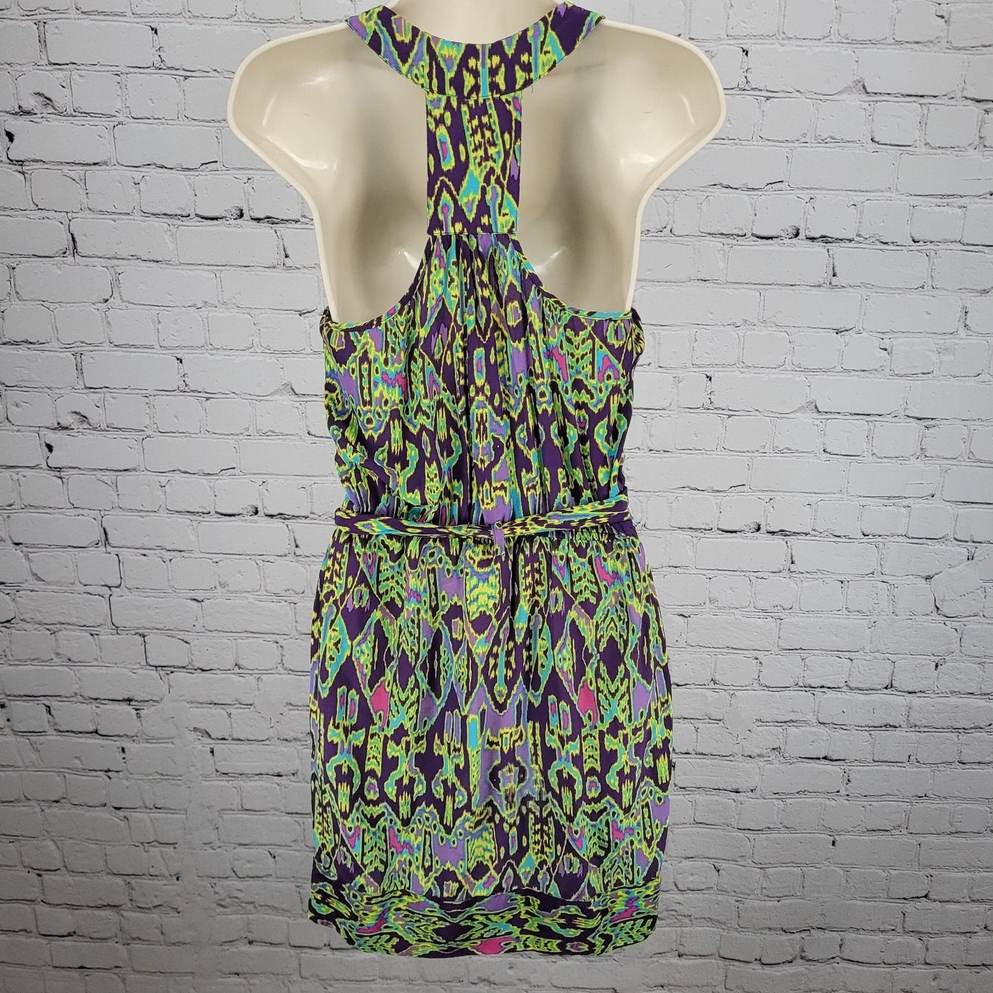 Charlie Jade Purple Green 100% Silk Aztec Belted Lightweight Dress Small S