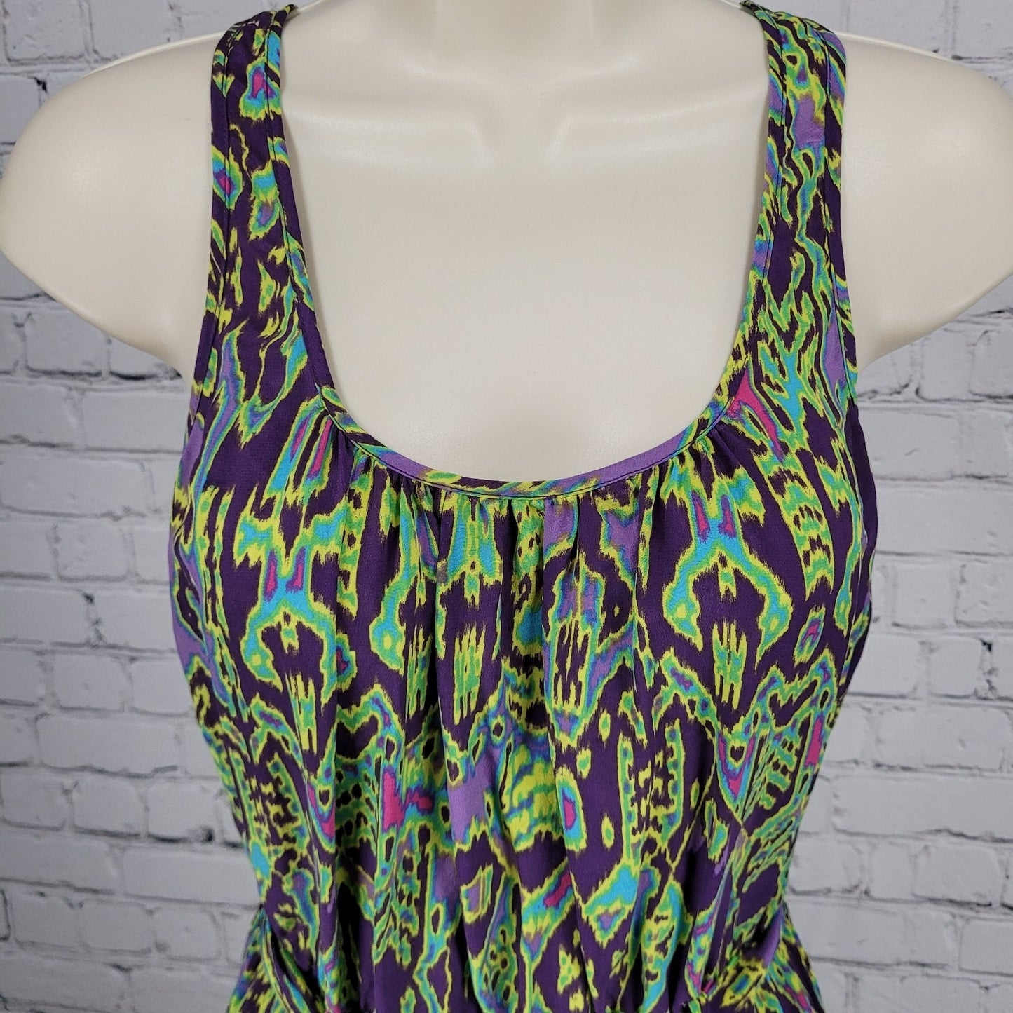 Charlie Jade Purple Green 100% Silk Aztec Belted Lightweight Dress Small S