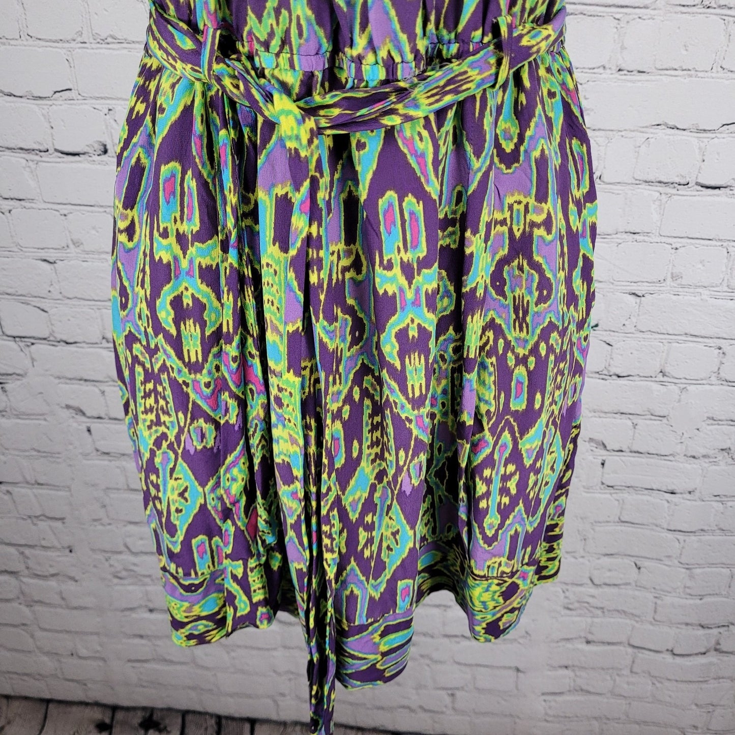 Charlie Jade Purple Green 100% Silk Aztec Belted Lightweight Dress Small S