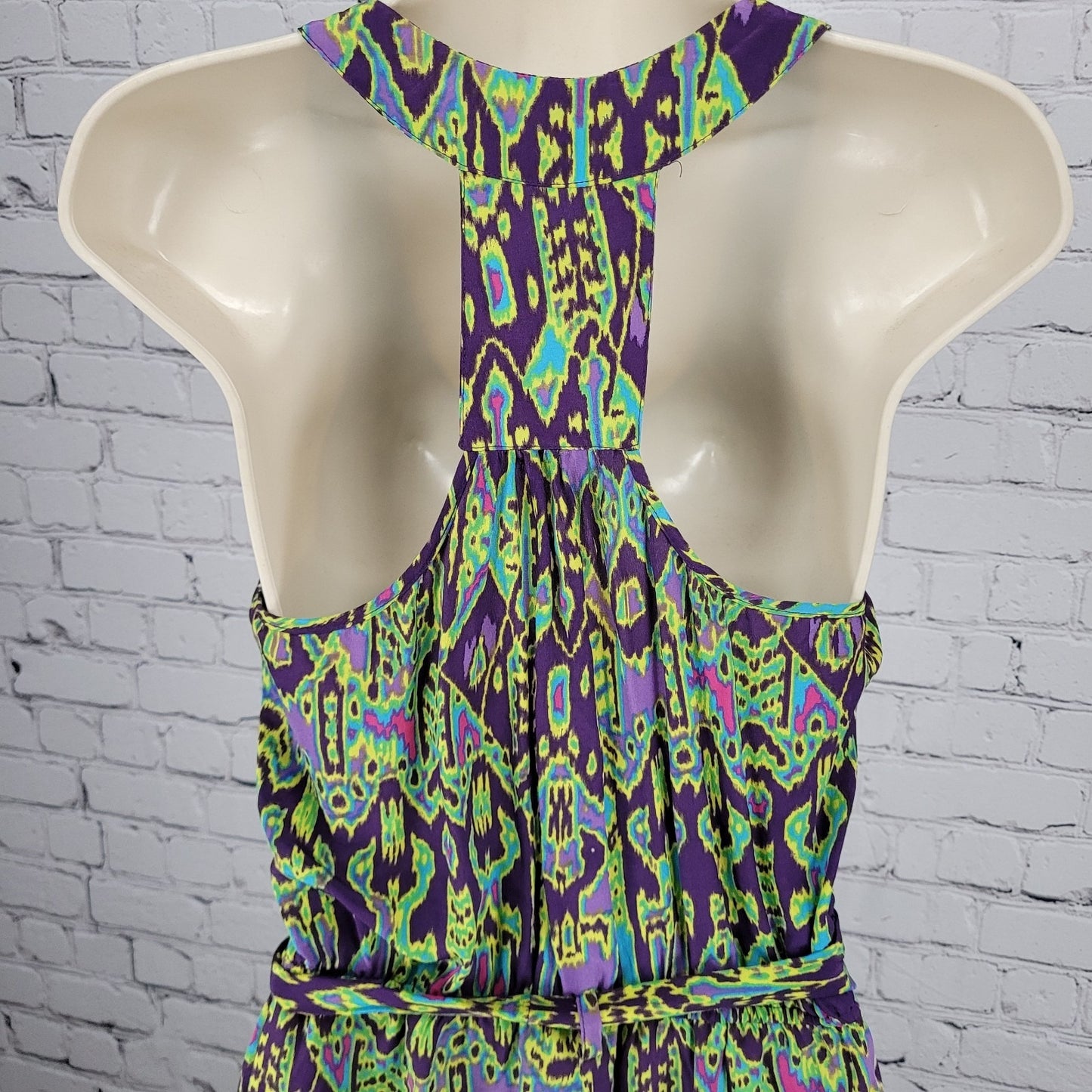 Charlie Jade Purple Green 100% Silk Aztec Belted Lightweight Dress Small S