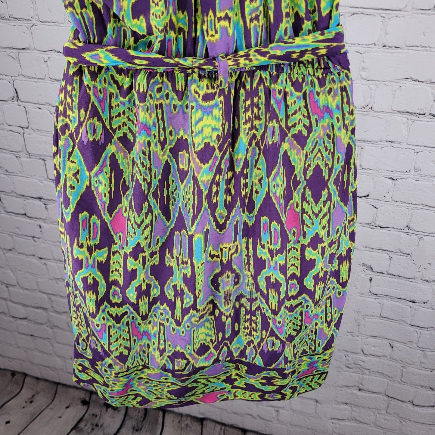 Charlie Jade Purple Green 100% Silk Aztec Belted Lightweight Dress Small S
