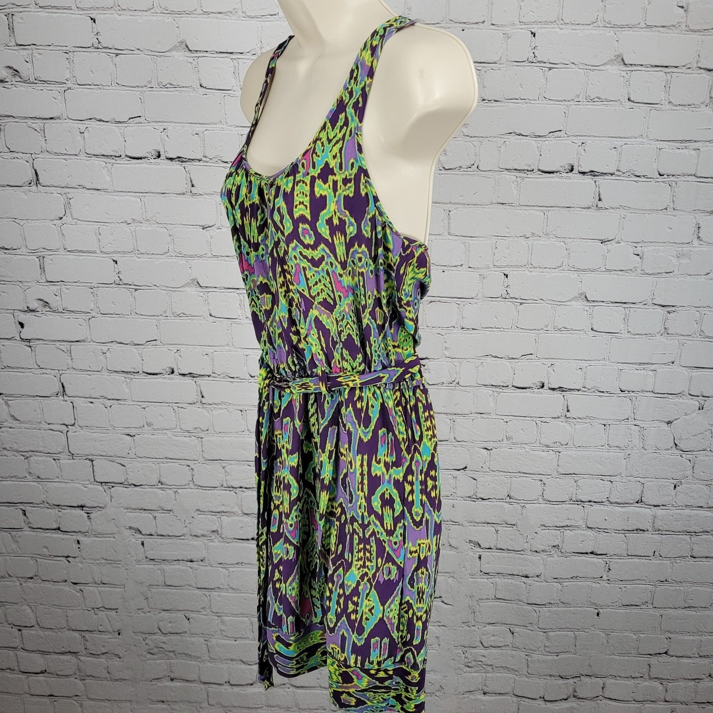 Charlie Jade Purple Green 100% Silk Aztec Belted Lightweight Dress Small S