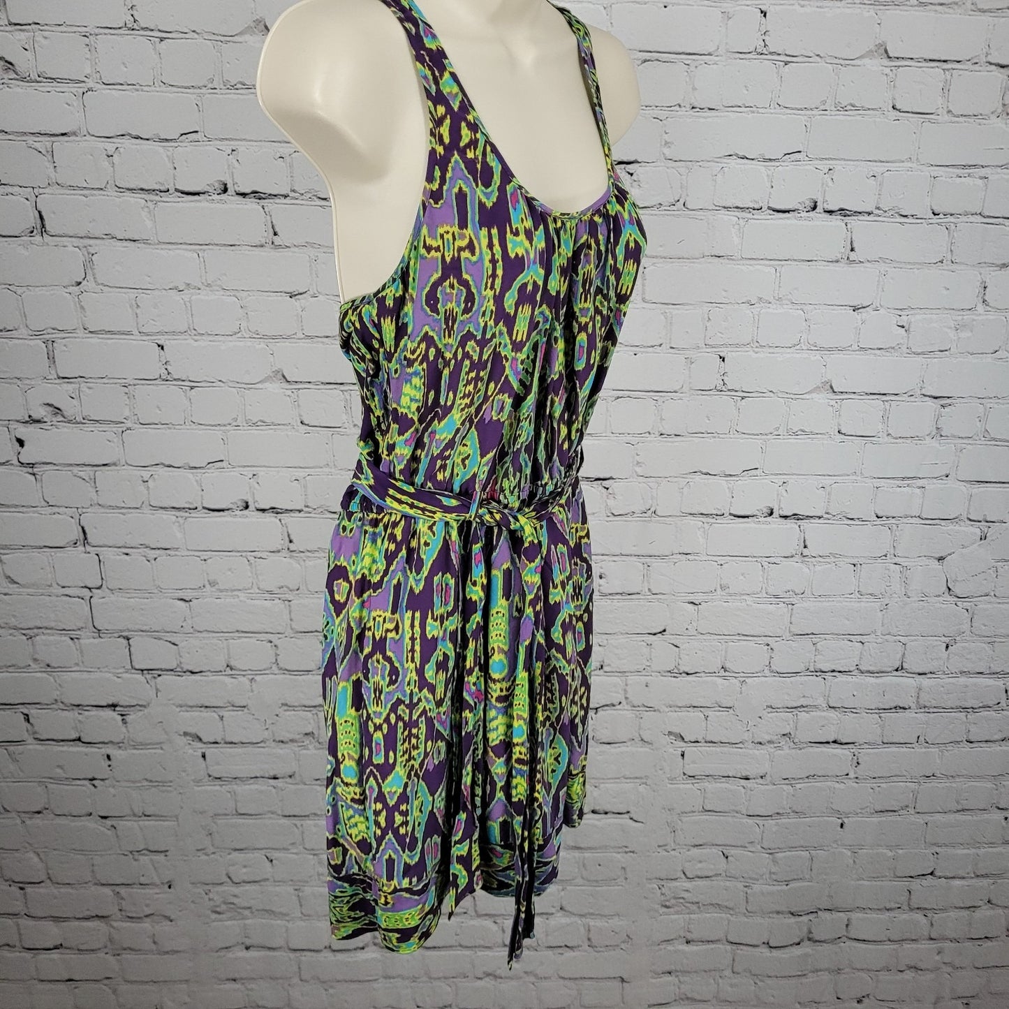 Charlie Jade Purple Green 100% Silk Aztec Belted Lightweight Dress Small S
