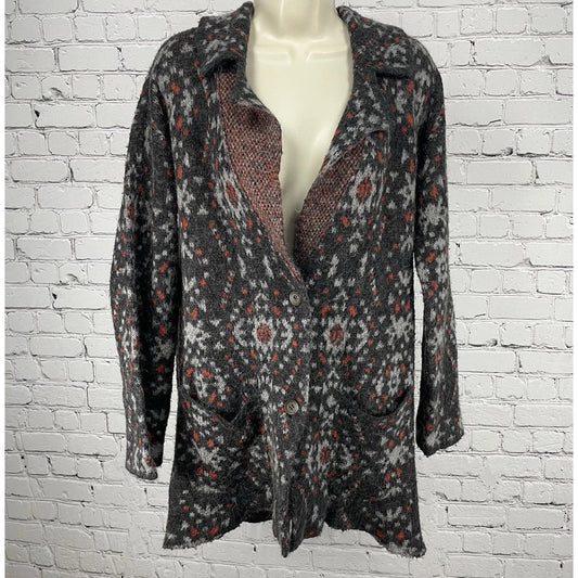 Free People Grey Print Wool Alpaca Blend Button Up Collar Cardigan Size Medium M
