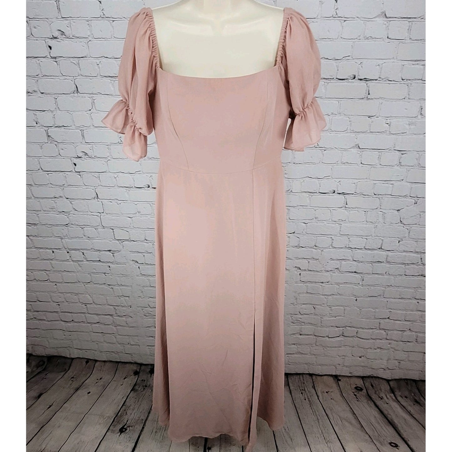 Revelry Pink Chiffon Side Slit Off The Shoulder Puff Short Sleeve Boned Dress 4
