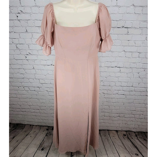 Revelry Pink Chiffon Side Slit Off The Shoulder Puff Short Sleeve Boned Dress 4