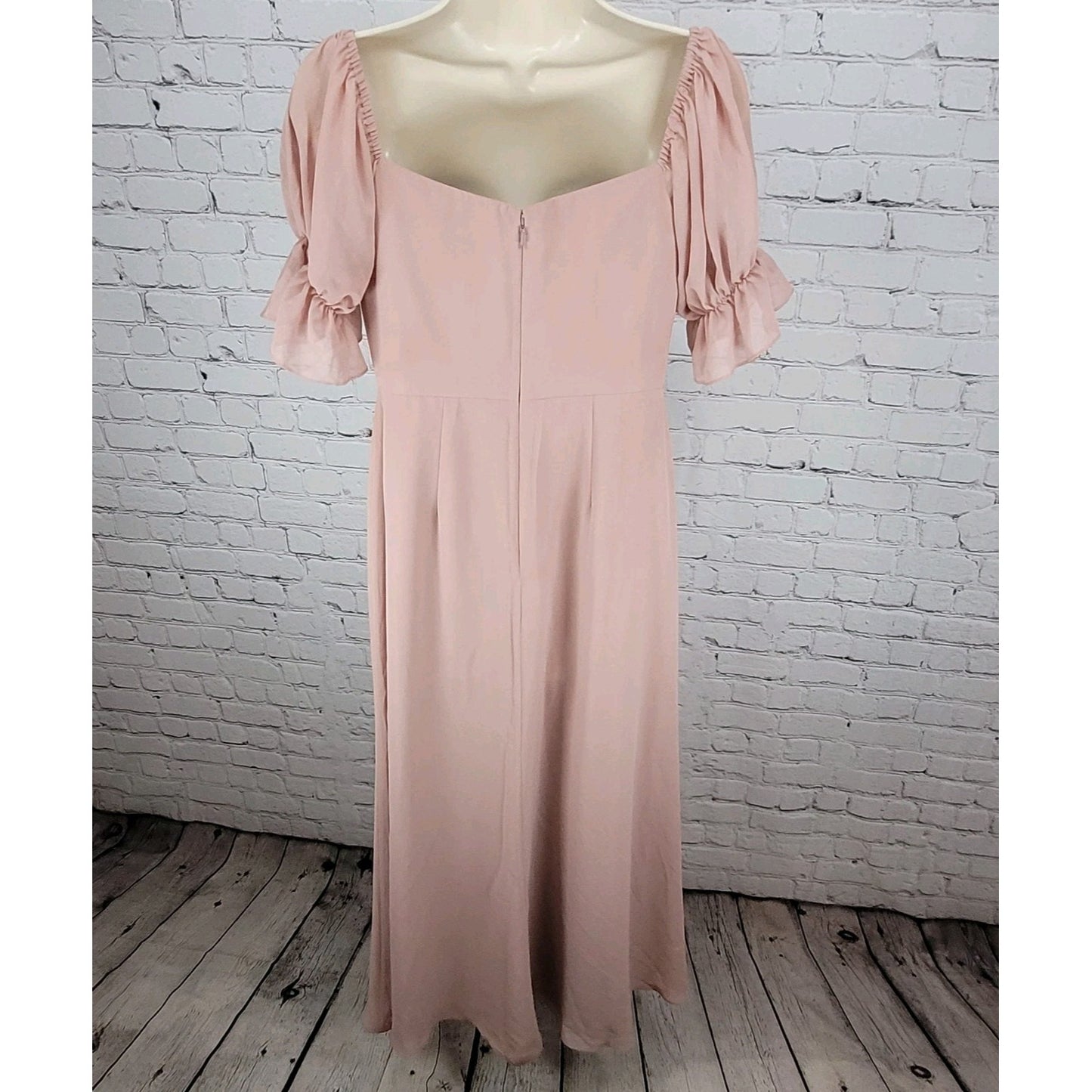 Revelry Pink Chiffon Side Slit Off The Shoulder Puff Short Sleeve Boned Dress 4