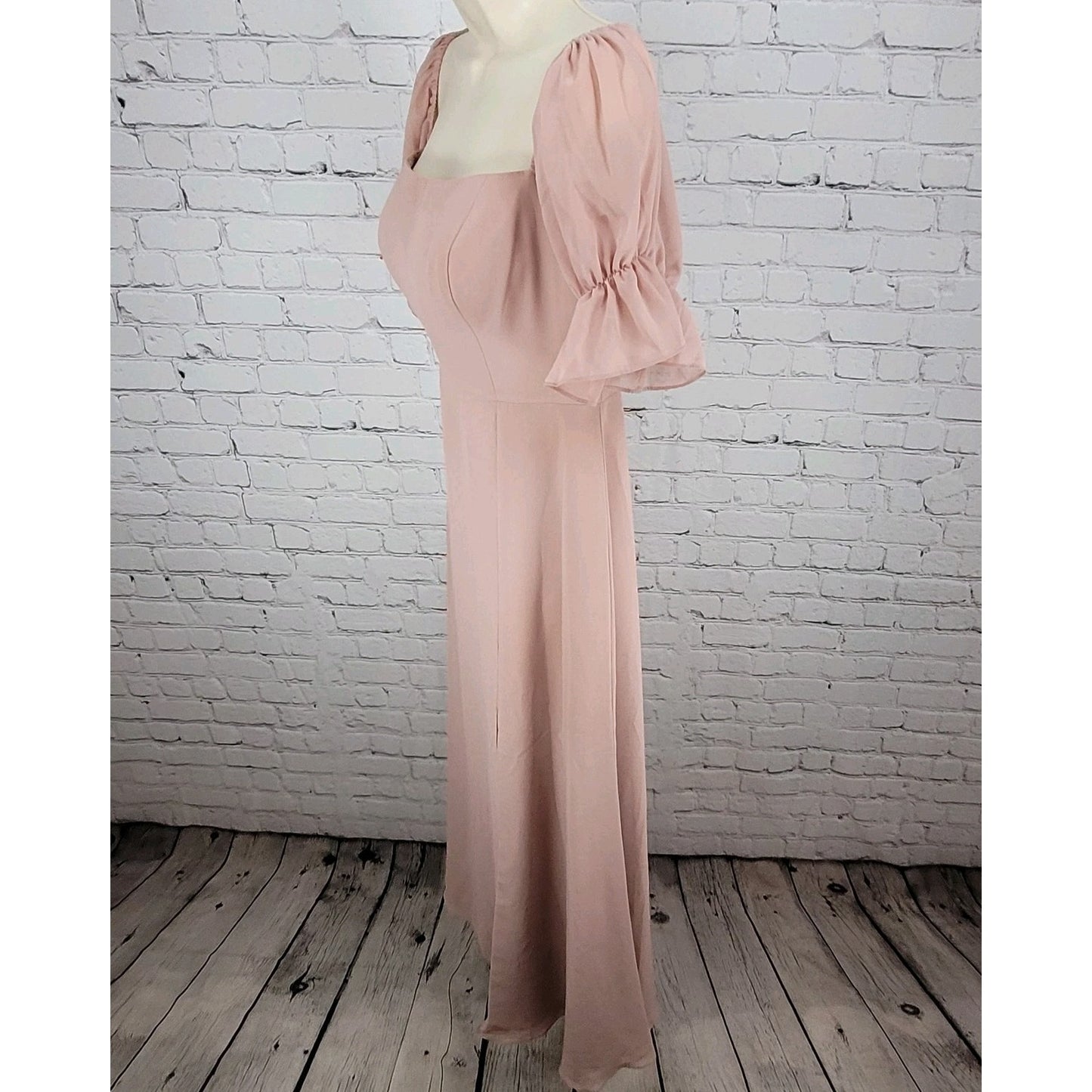 Revelry Pink Chiffon Side Slit Off The Shoulder Puff Short Sleeve Boned Dress 4