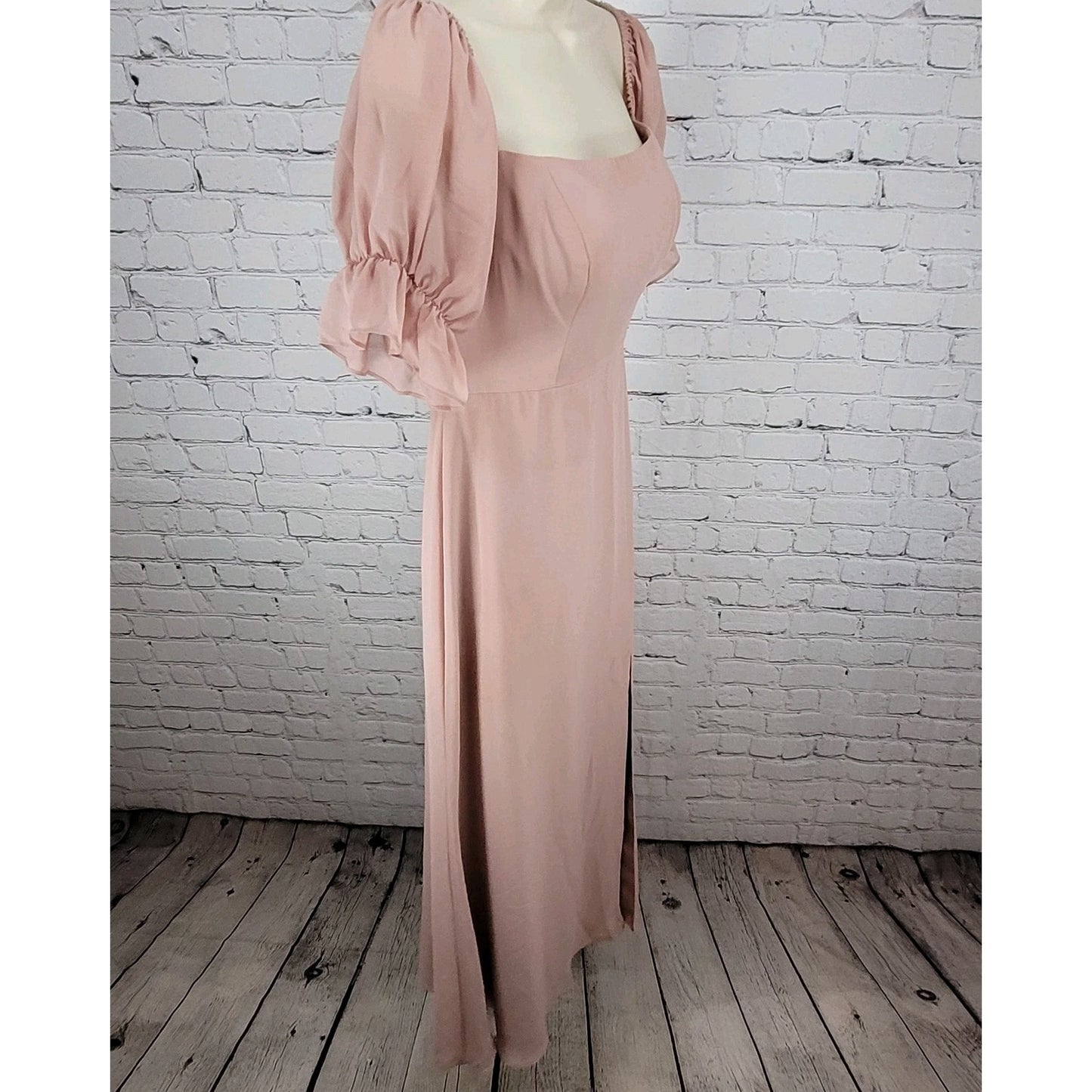 Revelry Pink Chiffon Side Slit Off The Shoulder Puff Short Sleeve Boned Dress 4