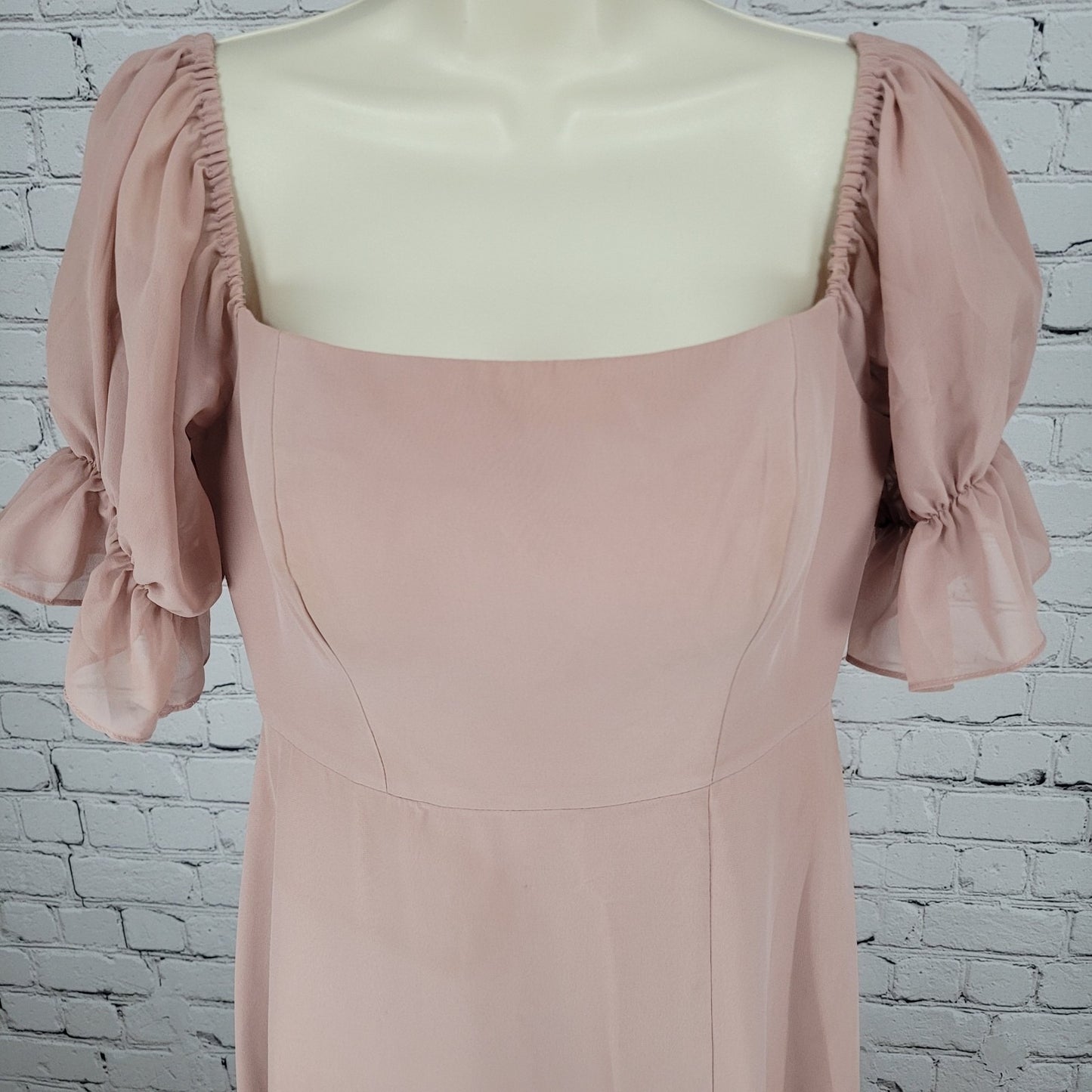 Revelry Pink Chiffon Side Slit Off The Shoulder Puff Short Sleeve Boned Dress 4
