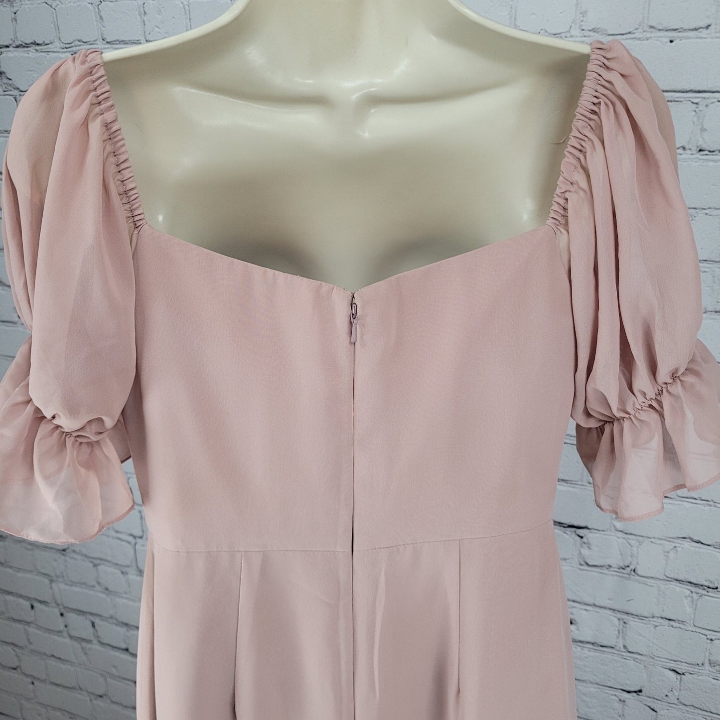 Revelry Pink Chiffon Side Slit Off The Shoulder Puff Short Sleeve Boned Dress 4