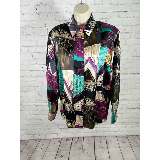 VTG Louis Feraud 100% Silk Abstract Art Long Sleeve Button Up Blouse Womens 10