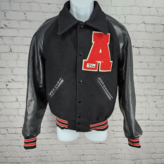 VTG Holloway Black Red Wool Blend Retro Varsity Letterman Lined Jacket USA XS