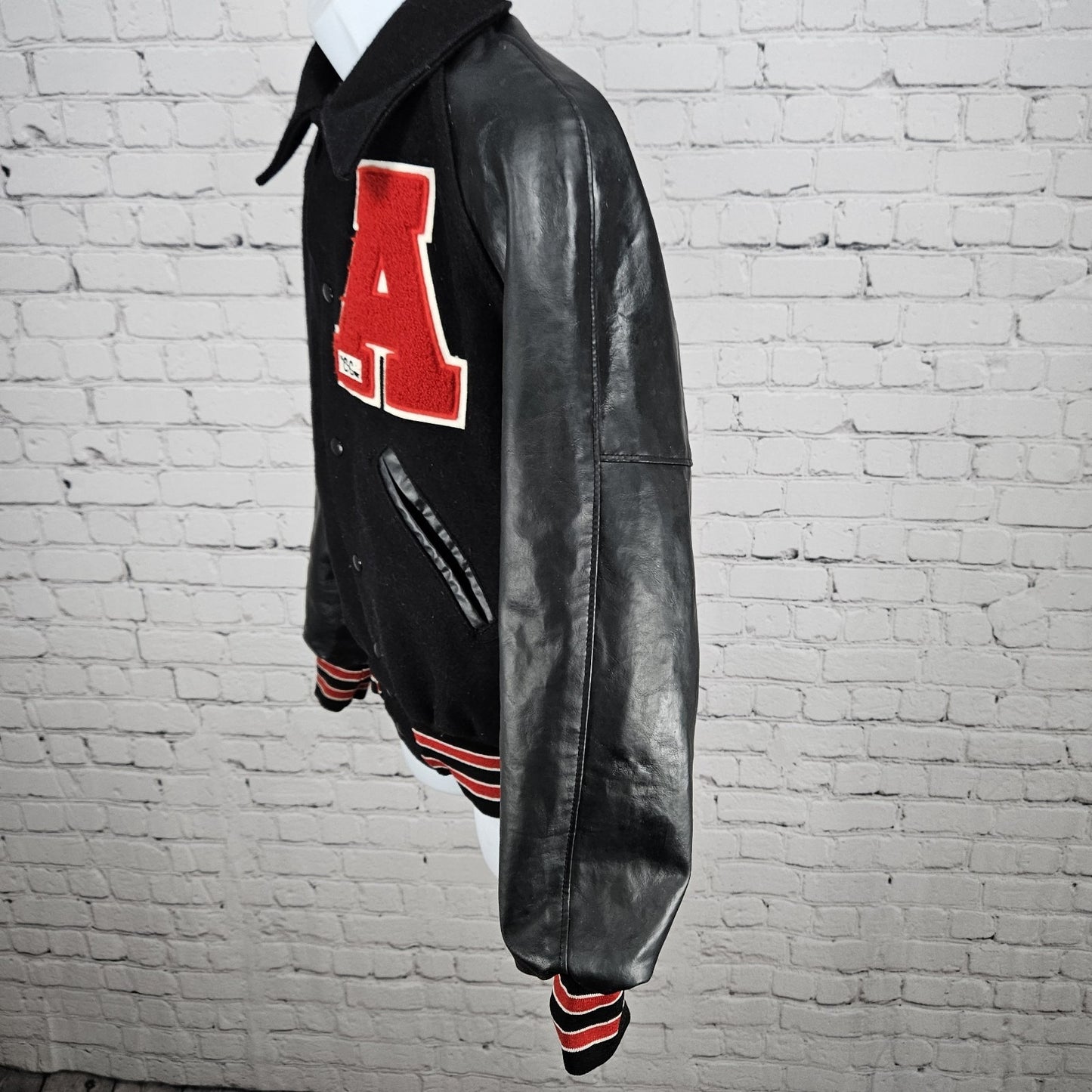 VTG Holloway Black Red Wool Blend Retro Varsity Letterman Lined Jacket USA XS