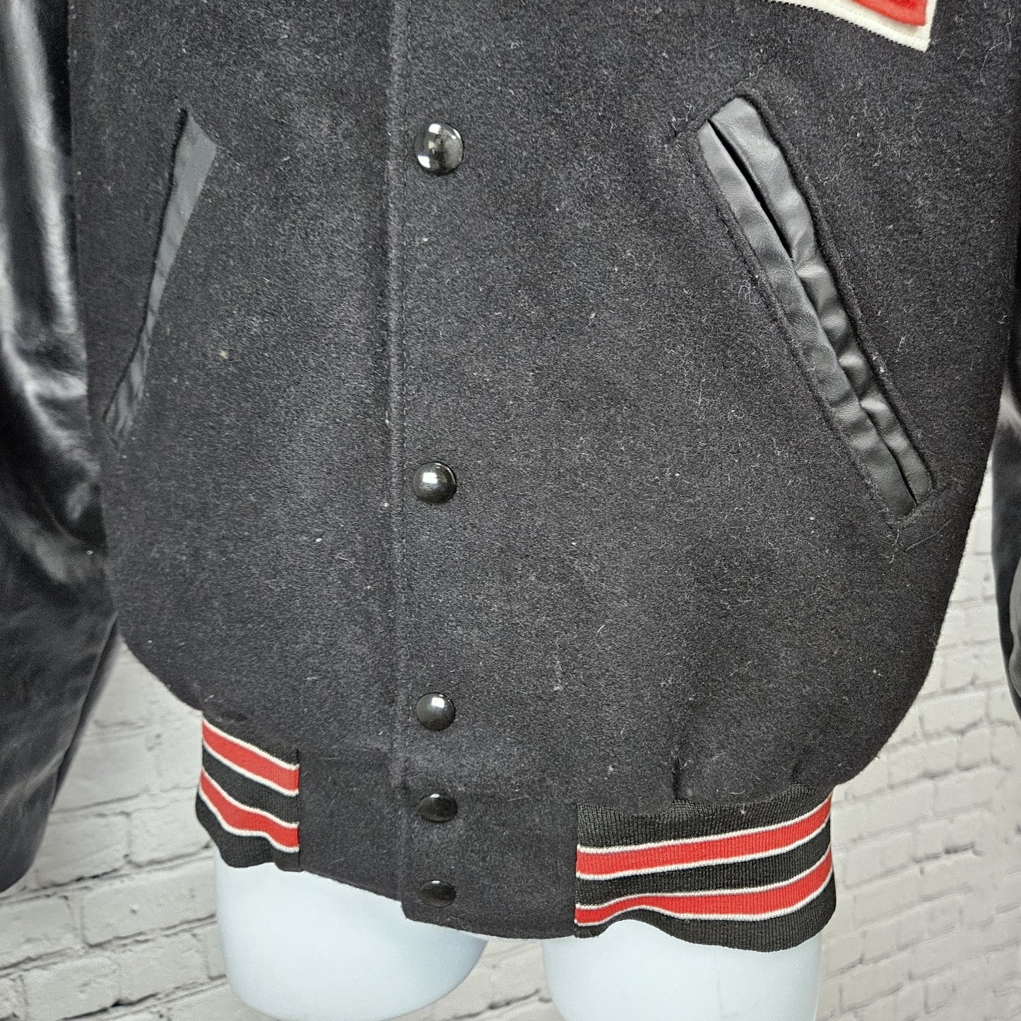 VTG Holloway Black Red Wool Blend Retro Varsity Letterman Lined Jacket USA XS