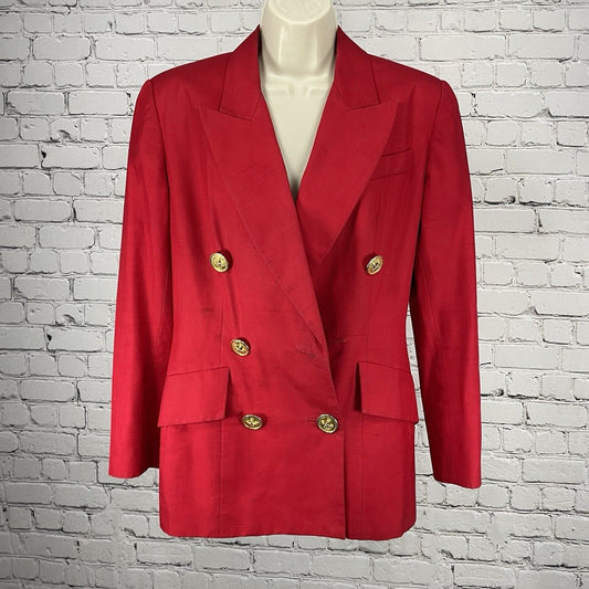 VTG Oscar De La Renta Red Silk Peak Gold Button Double Breasted Blazer Size 6