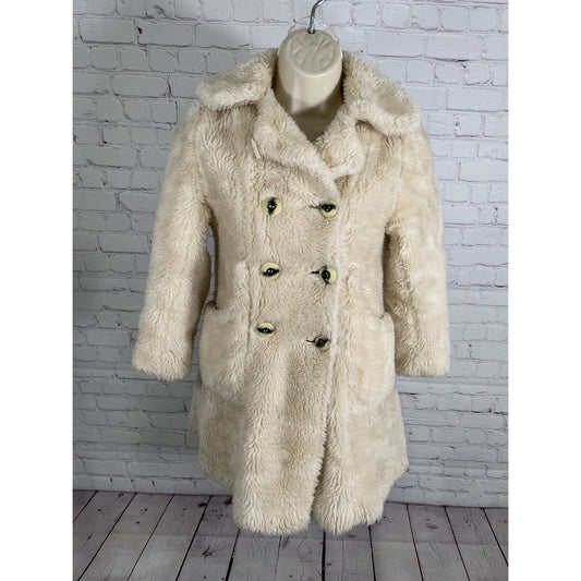 VTG 60’s 70’s Doby Malden Mills Double Breasted White Faux Fur Coat Girls XL