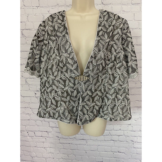 Cindy Sequined Embroidered Silver Mesh Shoulder Pads Semi-Sheer Blouse Size 5XL