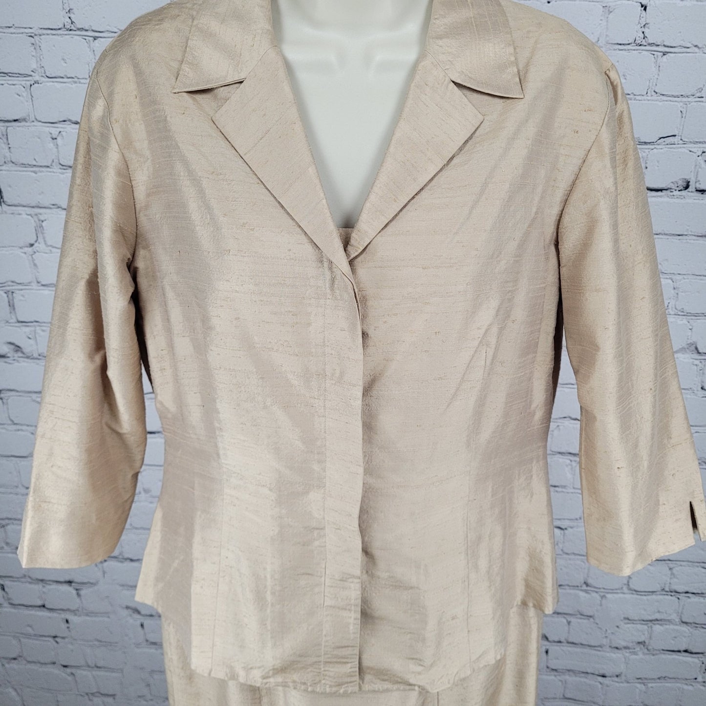 Finity Gold Beige 100% Silk Shirt Jacket & Dress Matching 2 Piece Set Size 8