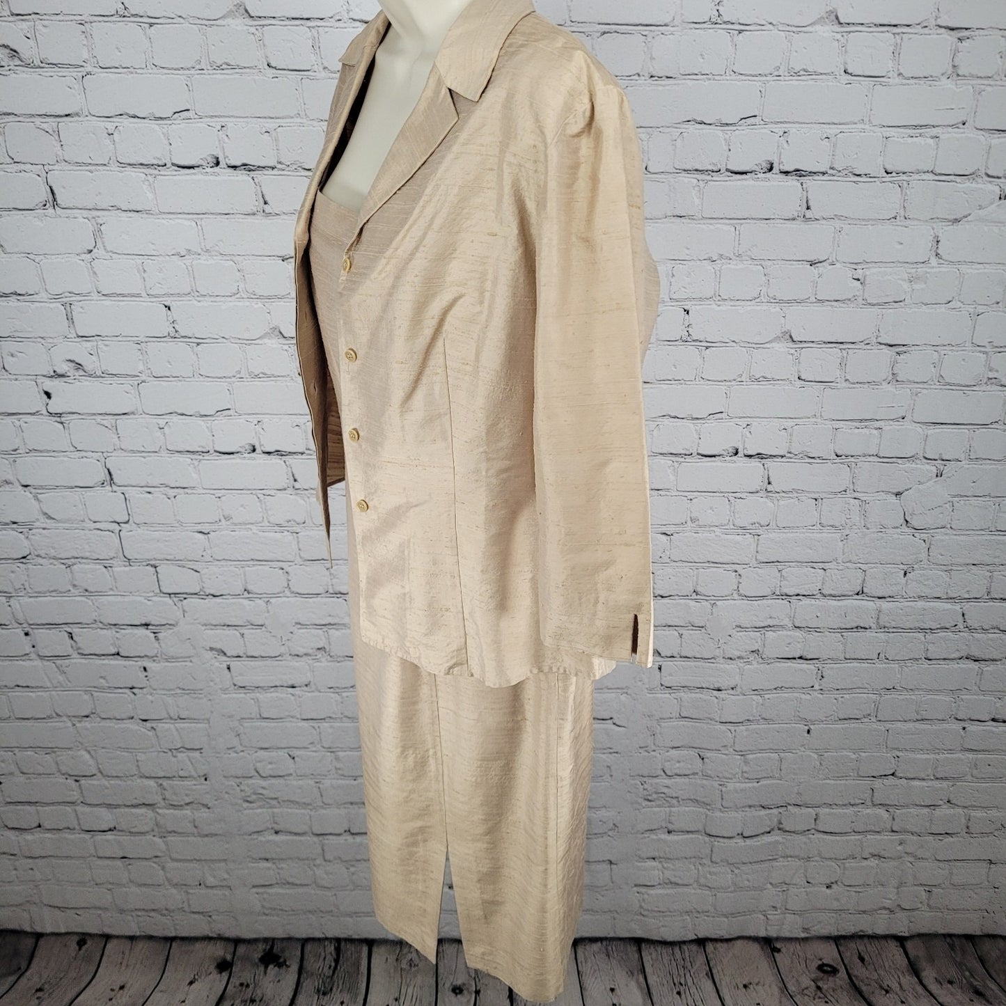 Finity Gold Beige 100% Silk Shirt Jacket & Dress Matching 2 Piece Set Size 8