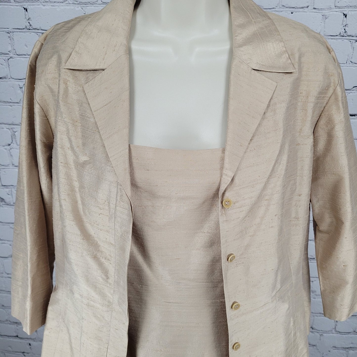 Finity Gold Beige 100% Silk Shirt Jacket & Dress Matching 2 Piece Set Size 8