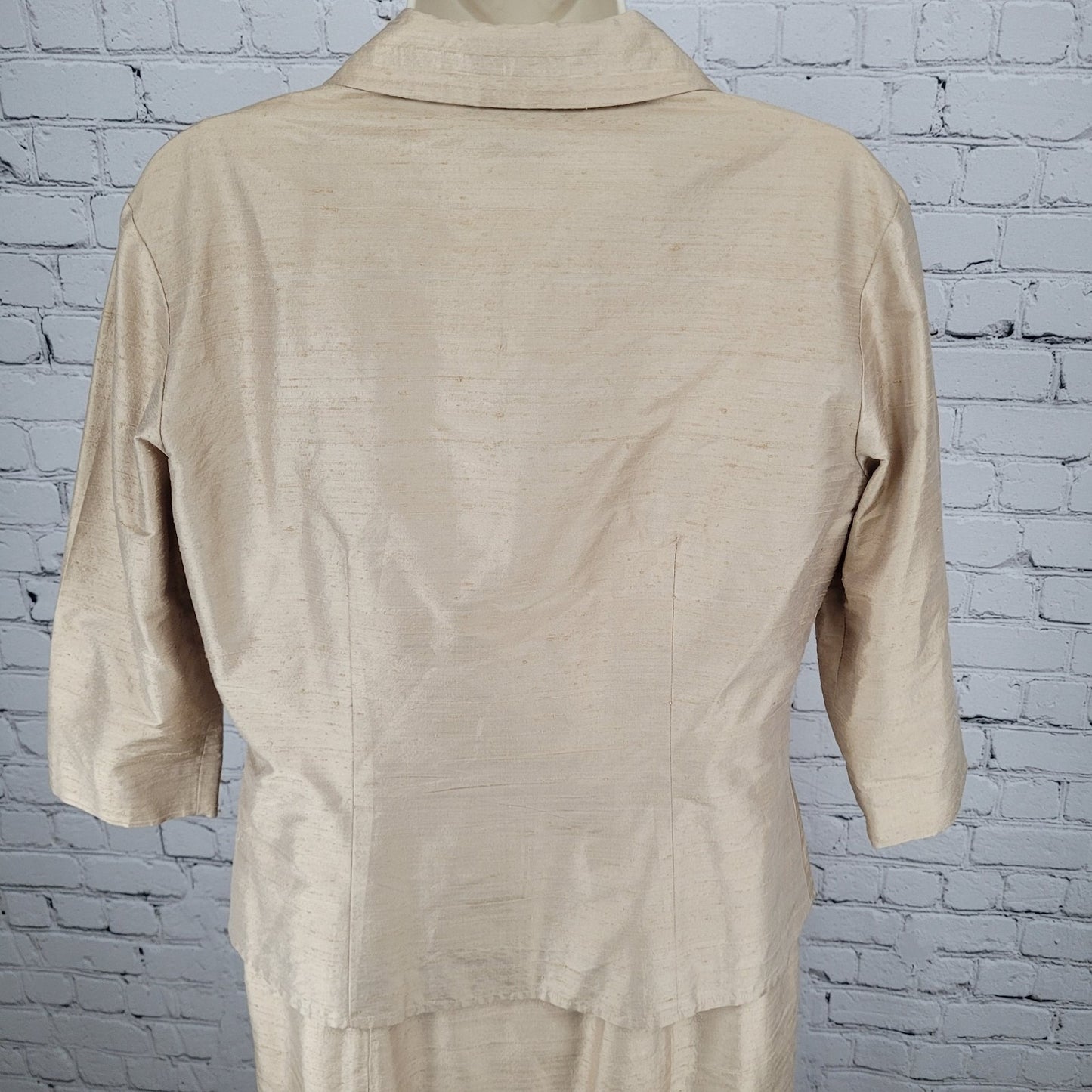 Finity Gold Beige 100% Silk Shirt Jacket & Dress Matching 2 Piece Set Size 8