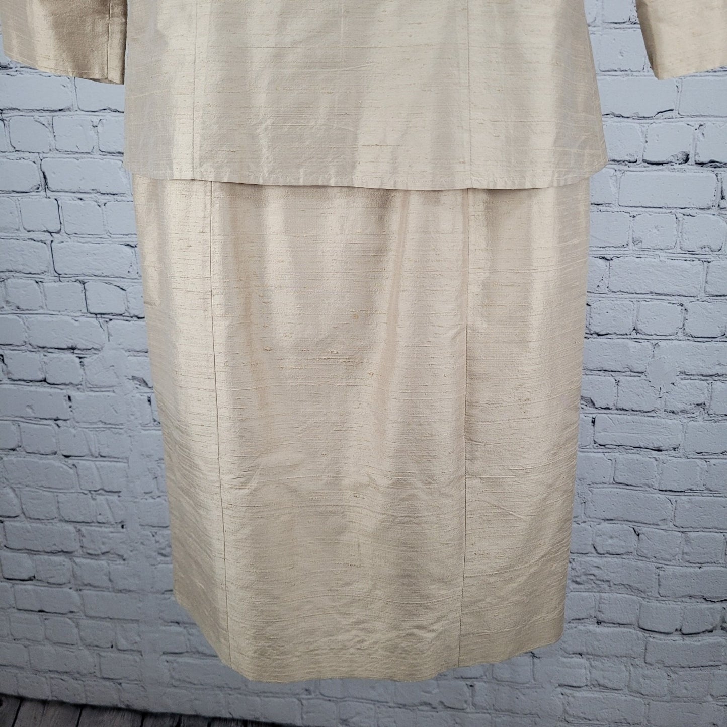 Finity Gold Beige 100% Silk Shirt Jacket & Dress Matching 2 Piece Set Size 8