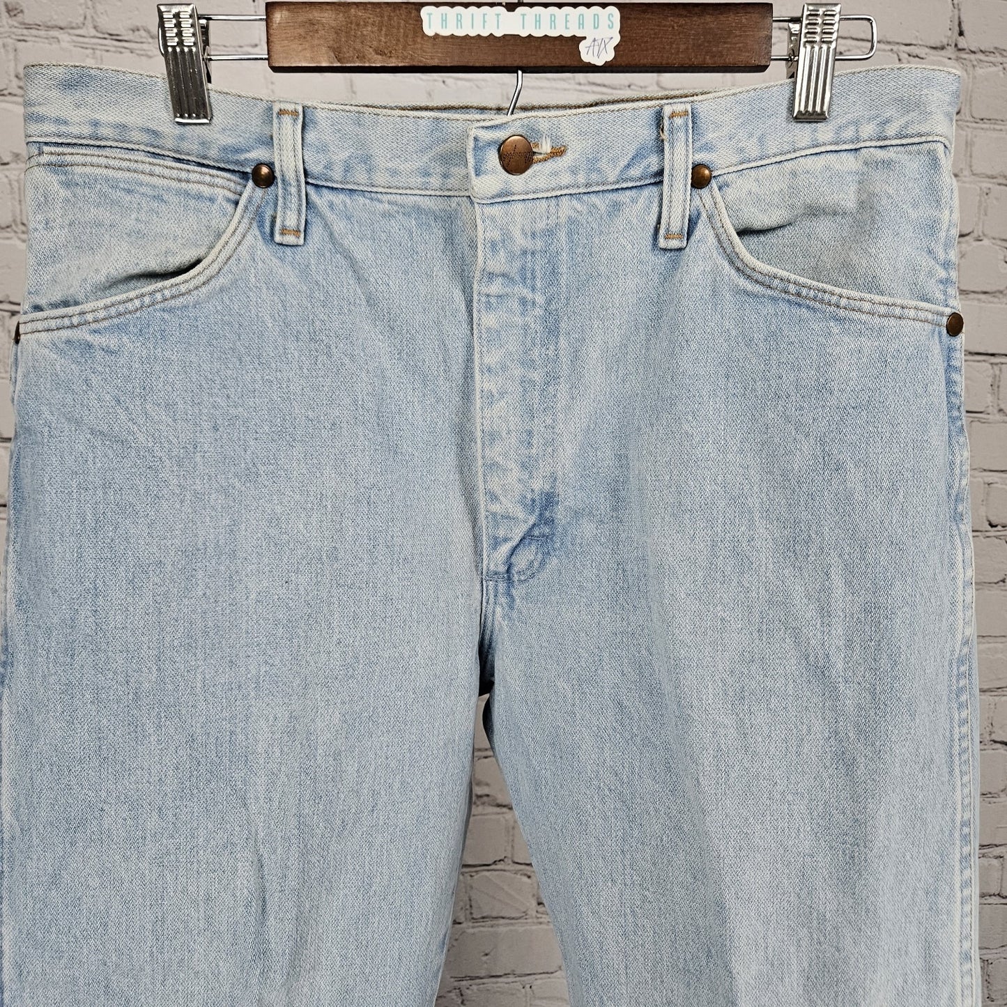 VTG Wrangler Blue 100% Cotton Denim Light Wash Bootcut Western Jeans USA 34x36