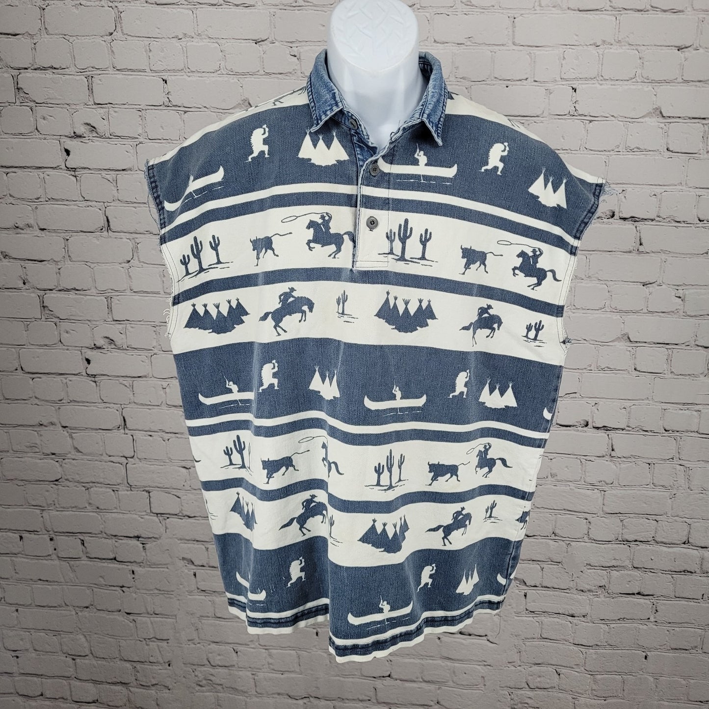 VTG Structure Activewear Blue White Western Cowboy Sleeveless Shirt USA Large