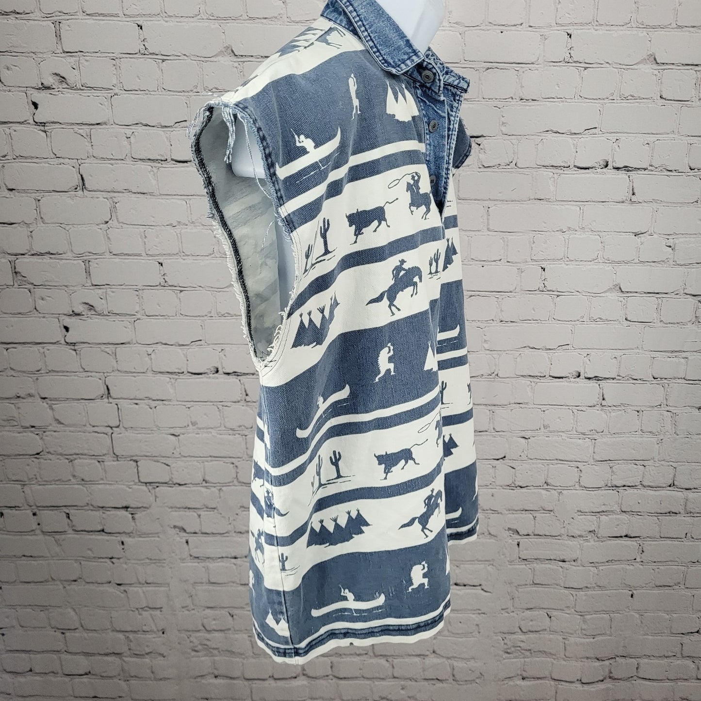 VTG Structure Activewear Blue White Western Cowboy Sleeveless Shirt USA Large