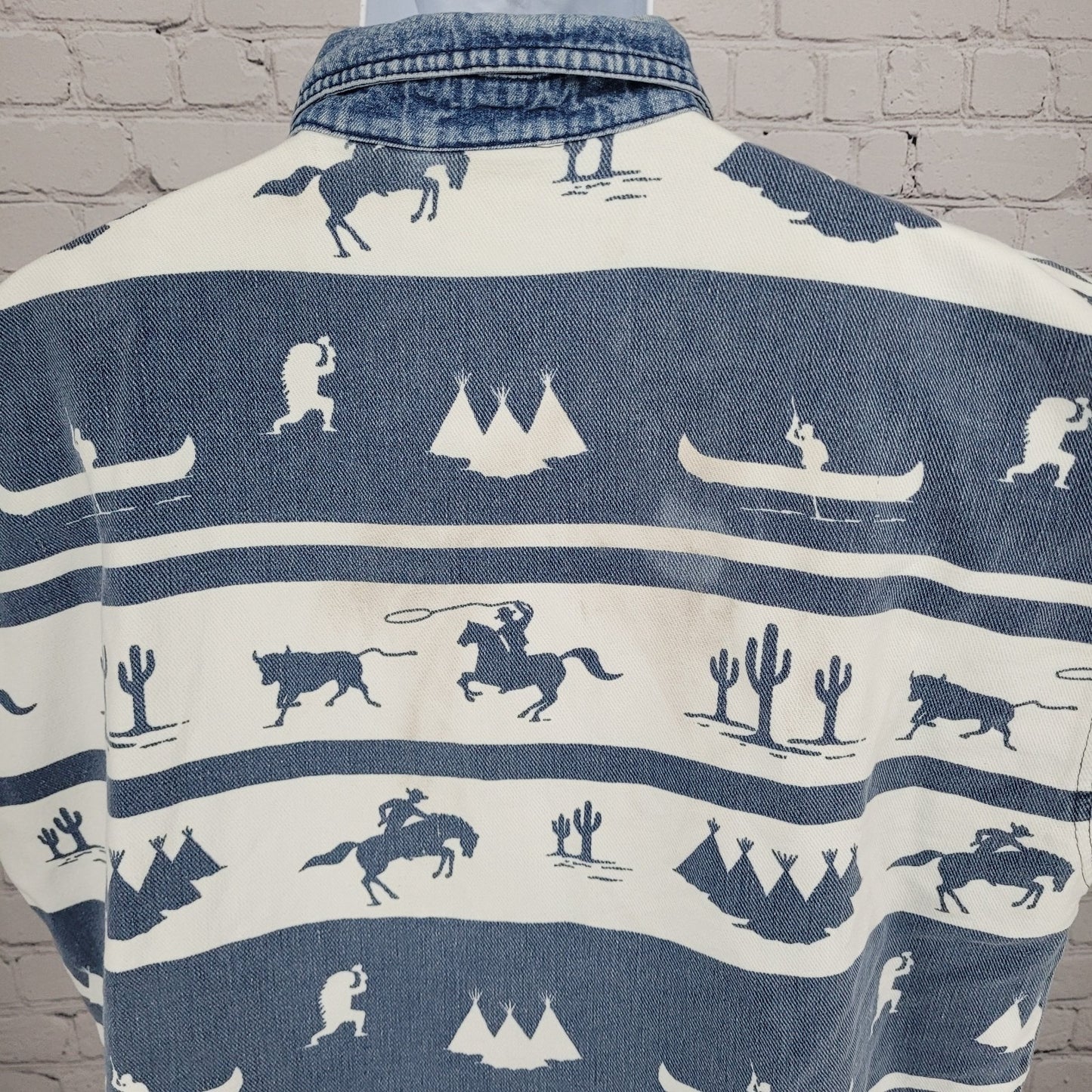 VTG Structure Activewear Blue White Western Cowboy Sleeveless Shirt USA Large