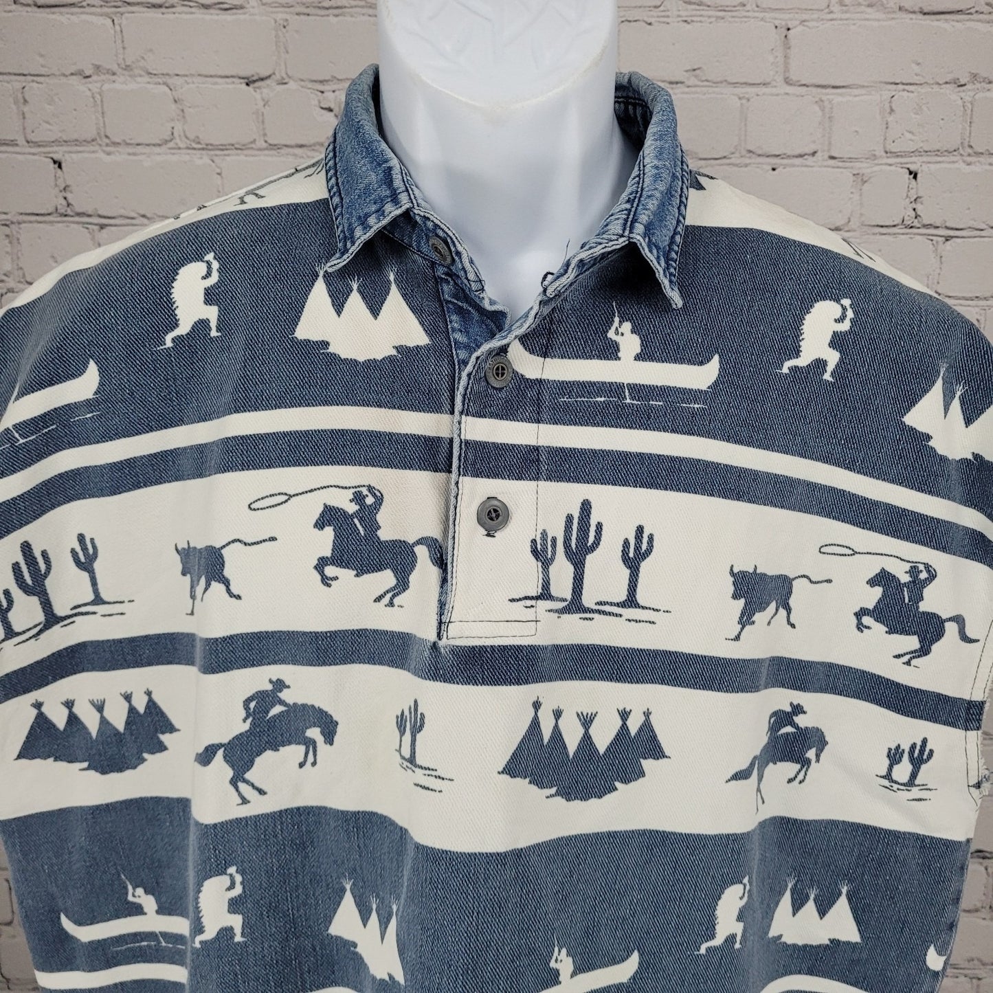 VTG Structure Activewear Blue White Western Cowboy Sleeveless Shirt USA Large