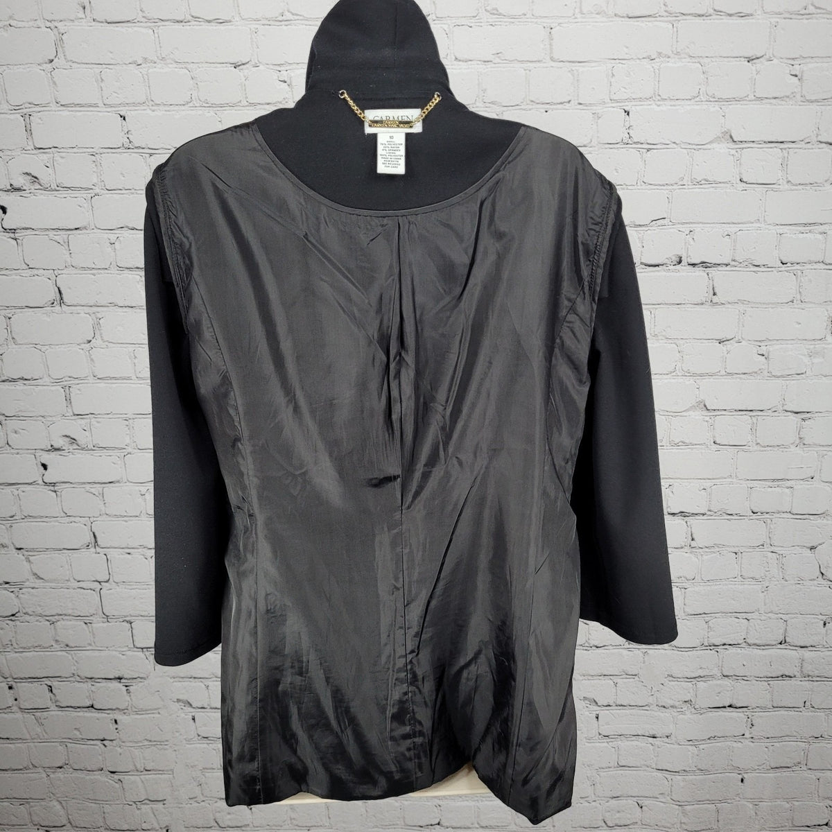 Carmen Marc Valvo Black Open Shawl Collar 3/4 Sleeve Stretch Jacket Size 10