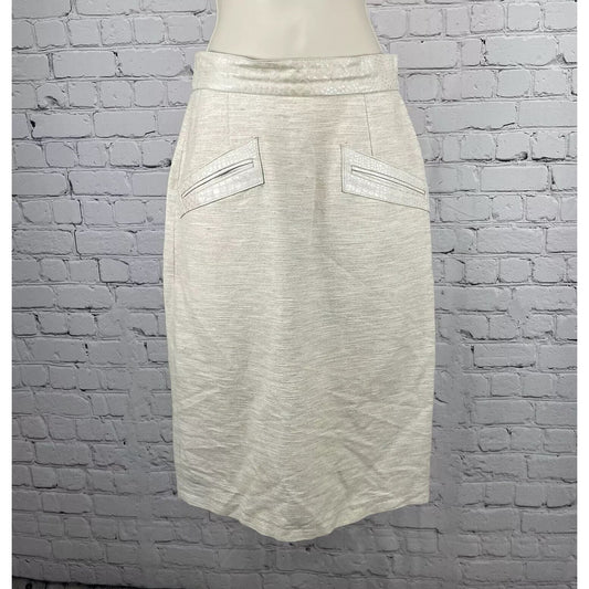 VTG Lillie Rubin Ivory Linen Blend Leather Trim Knee Length Pencil Skirt Size 6