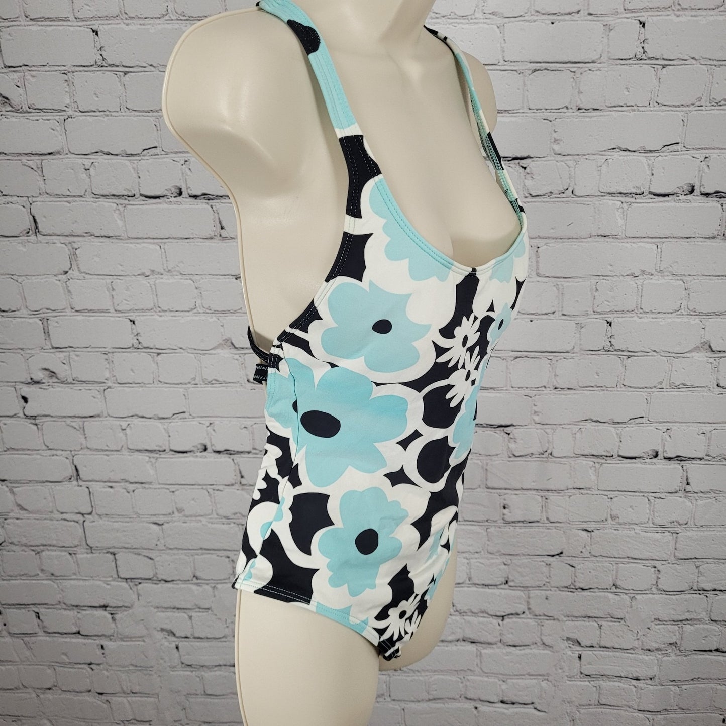 La Blanca Blue Floral Padded Strappy Back One Piece Swimsuit USA Made Size 12