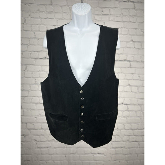 VTG Western Frontier Black Leather Snap Button Up Adjustable Waist Vest Size XL