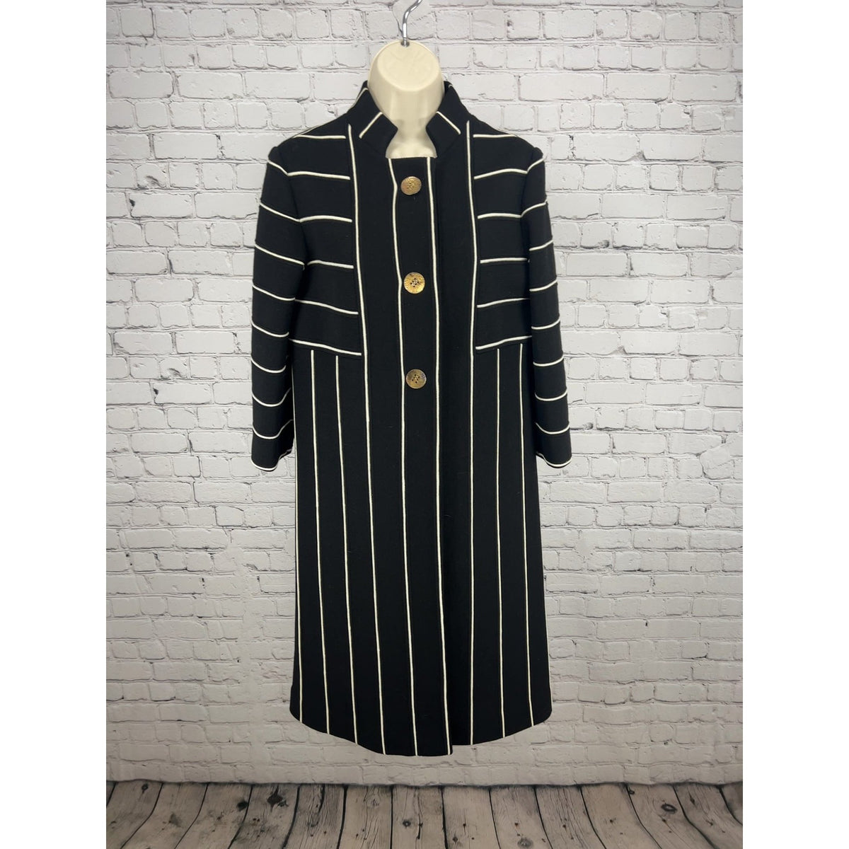 VTG St Andrews Black White Striped 100% Wool Knit Button Front Duster Coat 12