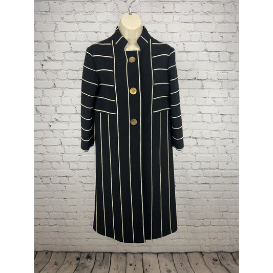VTG St Andrews Black White Striped 100% Wool Knit Button Front Duster Coat 12