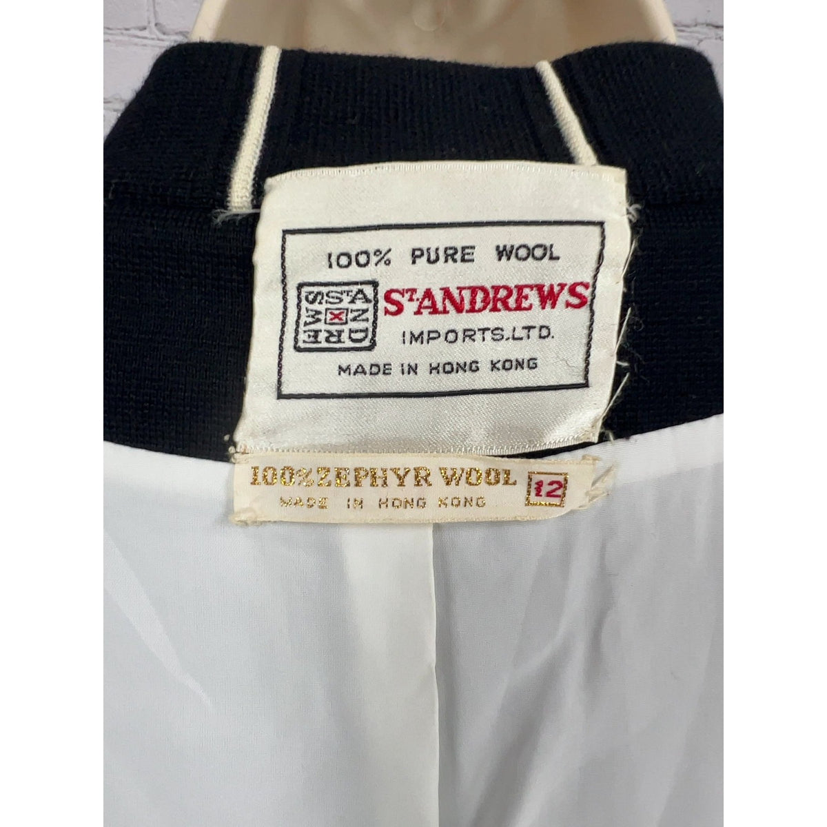 VTG St Andrews Black White Striped 100% Wool Knit Button Front Duster Coat 12