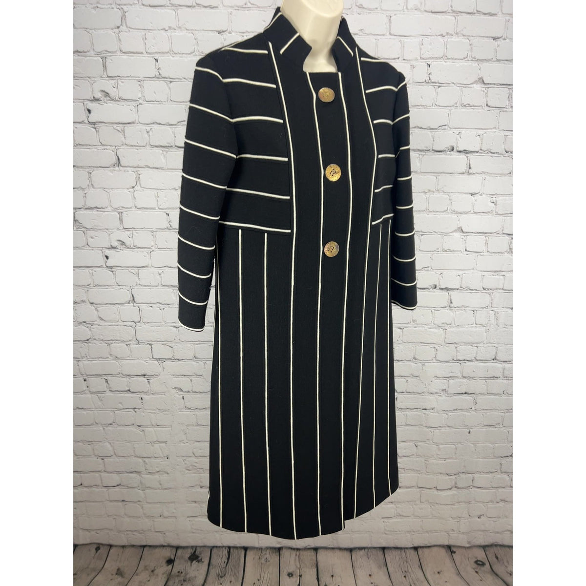 VTG St Andrews Black White Striped 100% Wool Knit Button Front Duster Coat 12